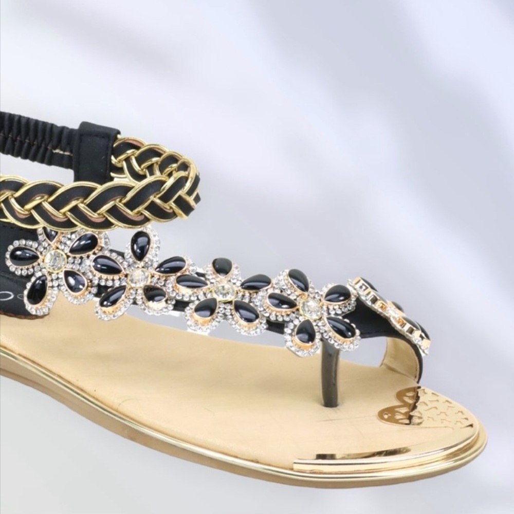 New Color! Italina Blue Floral Rhinestone Embellished Toe Ring Sandal - Picture 6 of 12